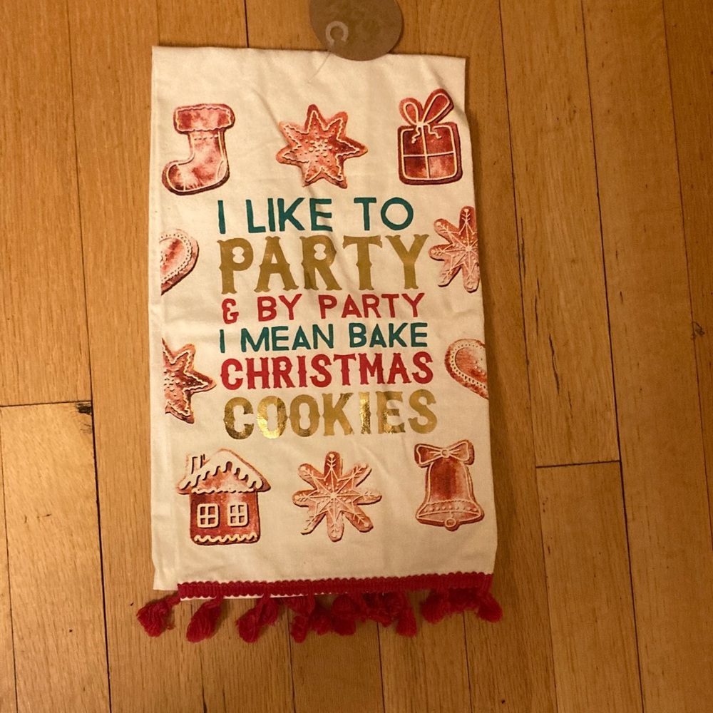 Festive Christmas Cookie Kitchen Towel with Red Tassels